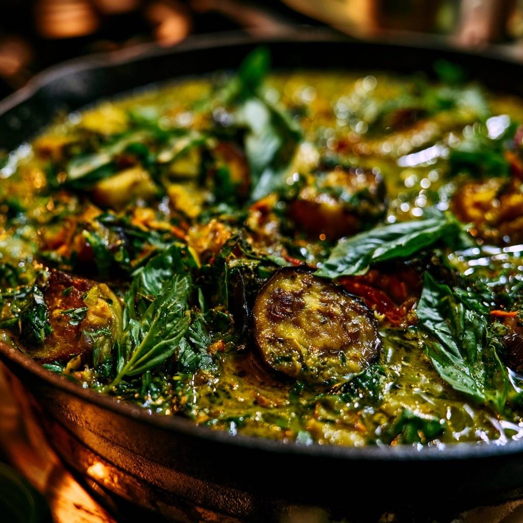 Cremiges Auberginen-Curry mit Basilikum