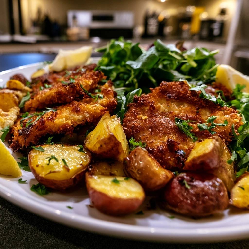 Goldbraunes Knusper-Hähnchen mit Röstkartoffeln