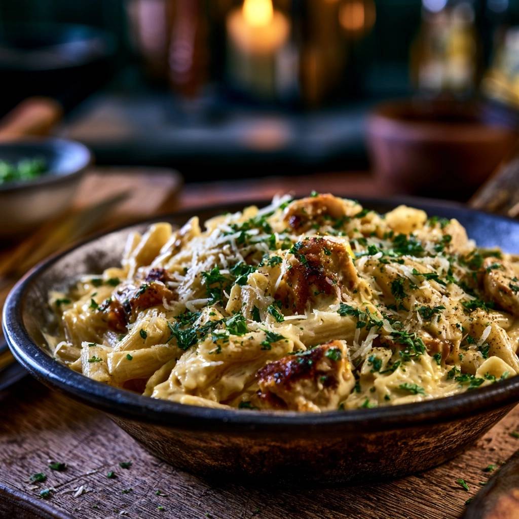 Cremige Hähnchen-Penne aus der Pfanne