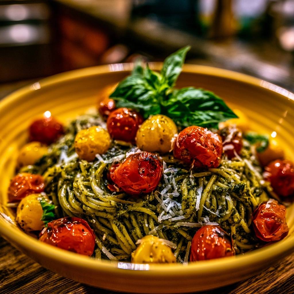 Cremige Spaghetti Pesto mit Ofentomaten