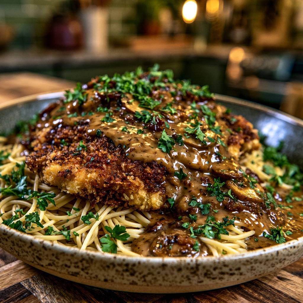Knuspriges Hähnchen-Schnitzel auf Pilz-Pasta
