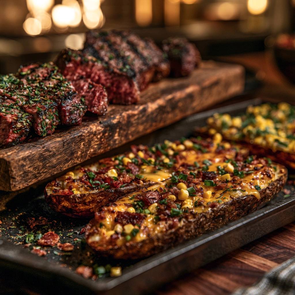 Saftiges Rindersteak mit gefüllten Kartoffelschalen