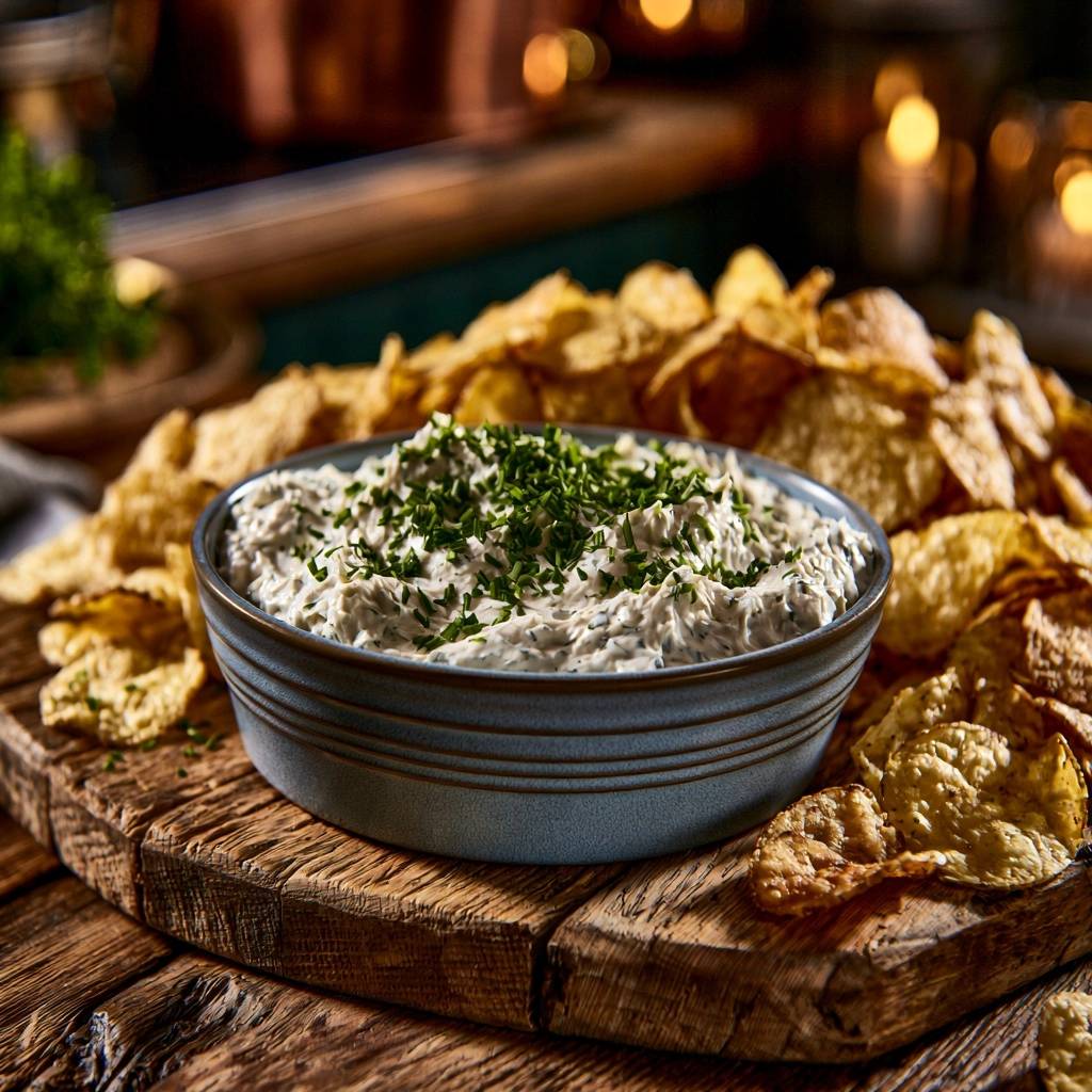 Cremiger Kräuter-Dip mit Gold-Chips