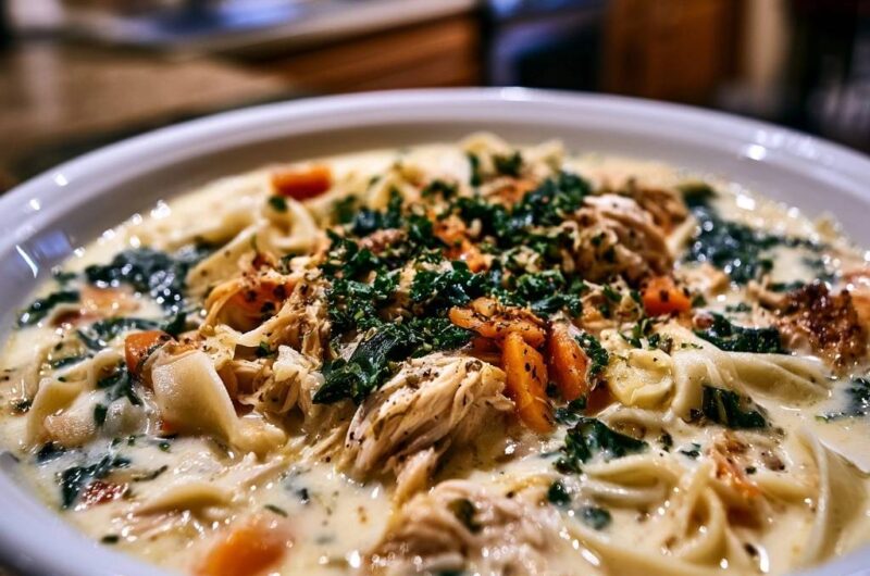 Cremige Hähnchen-Nudelsuppe mit Spinat