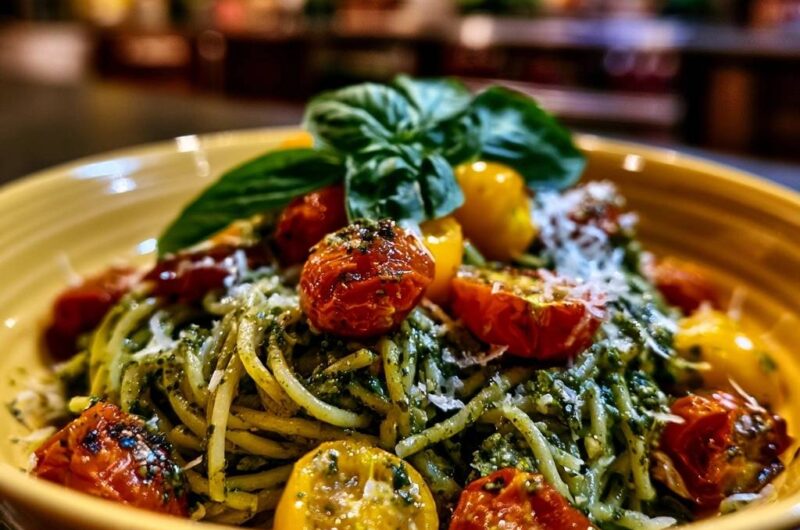 Cremige Spaghetti Pesto mit Ofentomaten