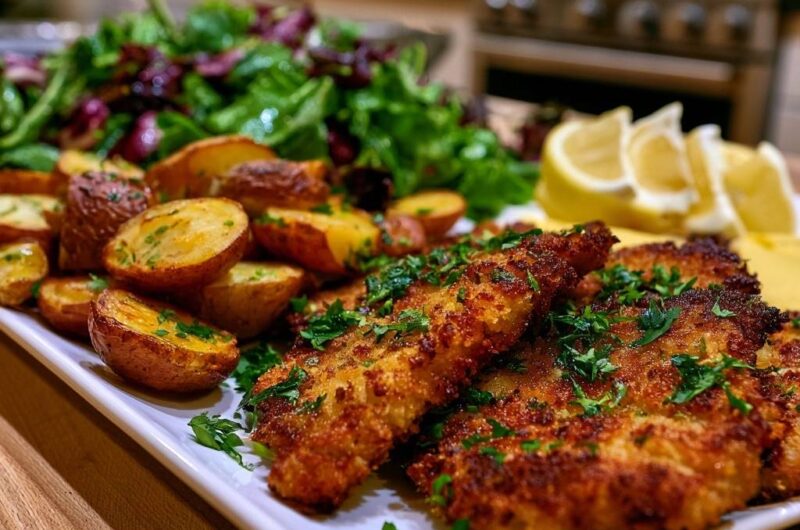 Goldbraunes Knusper-Hähnchen mit Röstkartoffeln