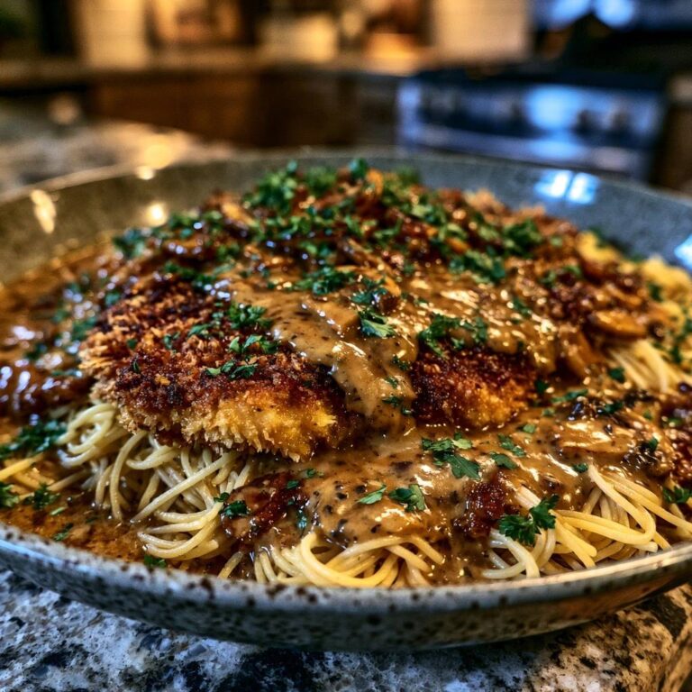 Knuspriges Hähnchen-Schnitzel auf Pilz-Pasta