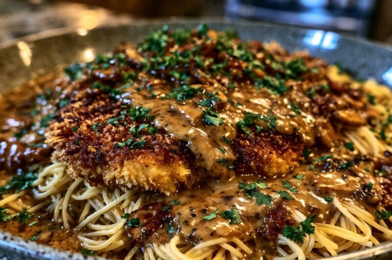 Knuspriges Hähnchen-Schnitzel auf Pilz-Pasta