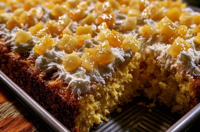 Saftiger Ananas-Blechkuchen (Der Anti-Matsche-Boden)
