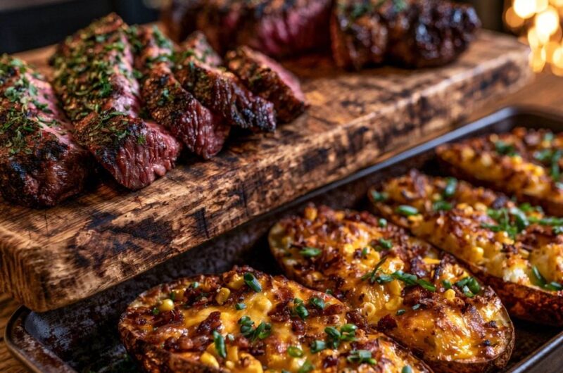 Saftiges Rindersteak mit gefüllten Kartoffelschalen